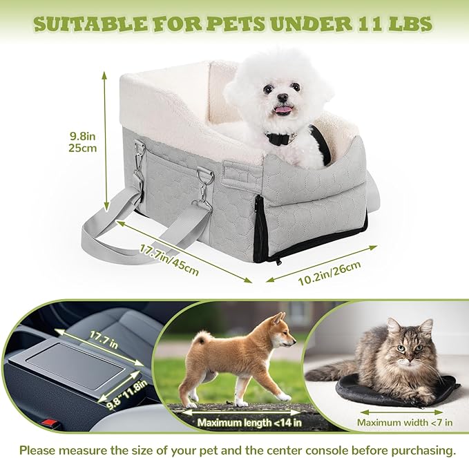 Center Console Dog Car Seat, Detachable Washable Dog Booster Seat, Adjustable Safety Belts and Built-in Leash Pet Carseat, Portable Puppy Travel Carrier with Cushion for Small Dogs Cats(Gray)