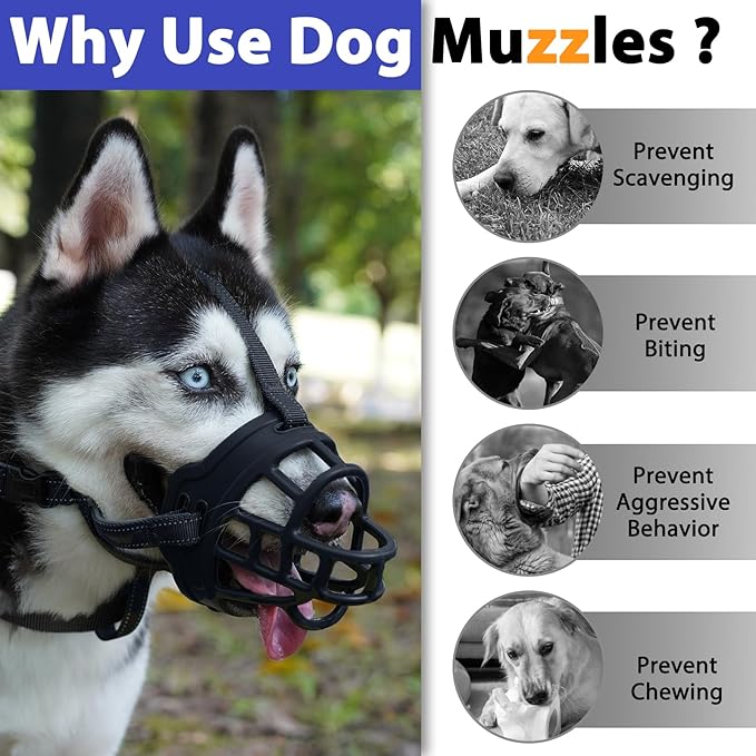 BARKLESS Dog Muzzle, Soft Silicone Basket Muzzle for Dogs, Allows Panting and Drinking, Prevents Unwanted Barking Biting and Chewing, Included Collar and Training Guide