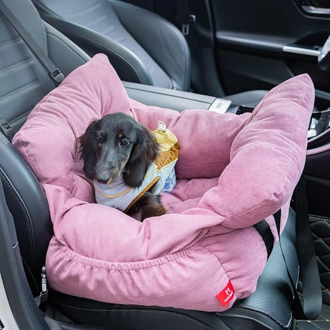 Pet Car Booster Seat for Small Dogs up to 25 lbs with Safety Straps, Storage Pockets, Travel Carrier Bed with Detachable Cover, Machine Washable (Pink)