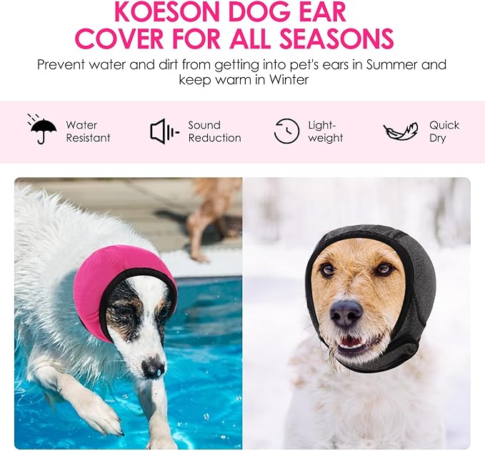 KOESON Dog Calming Hoodie - No Shake Ear Wraps for Dogs, Anxiety Relief & Noise Protection, Water Resistant Pet Ear Cover Muffs for Firework, Grooming, Thunderstorms, Swimming, Bathing, Hot Pink M