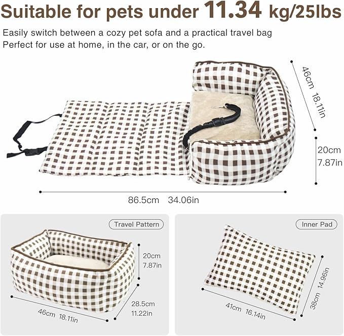 Pet Car Booster Seat for Small Dogs & Cats up to 25 lbs – Plaid Travel Seat with Safety Leash, Adjustable Straps, Non-Slip Base, 2-in-1 Convertible Bed, Detachable & Washable (Brown Plaid)