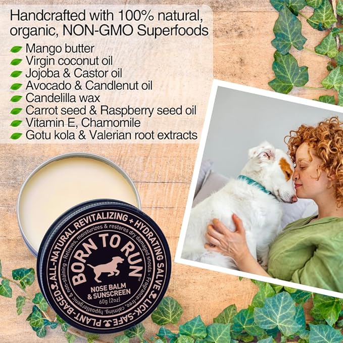 Born To Run Dog Nose Balm | Natural Snout Soother & Cold Wind Sun Protection | Moisturizes & Heals Dry Cracked Chapped Noses | Fragrance-Free Hyperkeratosis Relief Plant-Based Lick Safe Nose Cream 2oz