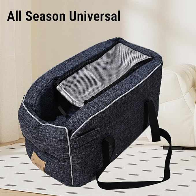 Diydeg Console Dog Car Seat, 19.29 x 8.27 x 9.84in Comfortable Portable Dog Bed with Mat, Handle Design Linen Fabric Pet Car Seat Booster Seat for Travel Camping