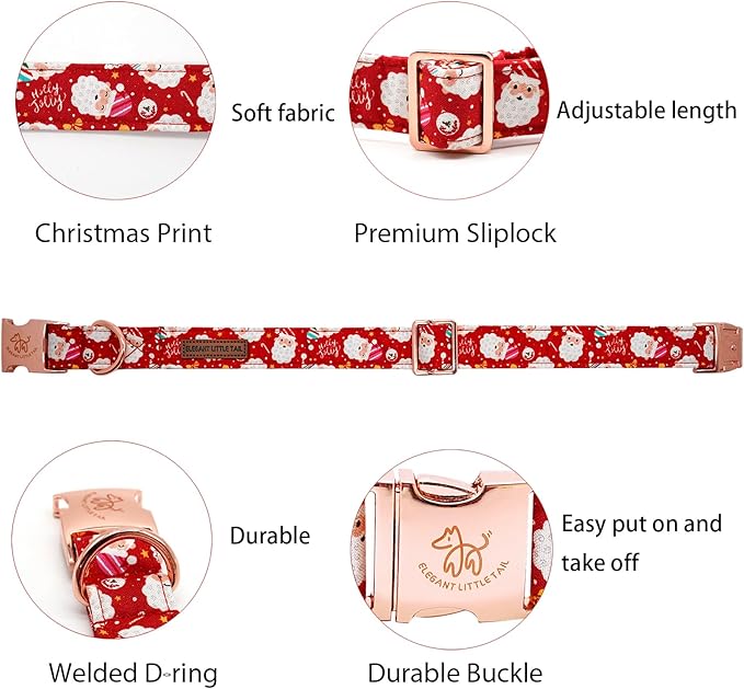 Elegant little tail Christmas Dog Collar, Red Santa Claus Print Pet Collar Dog Durable Cute Dog Collars Winter Holiday Male or Female Pet Gift Adjustable Dog Collar for Large Dogs