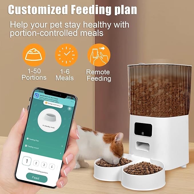 Automatic Cat Feeders, Smart WiFi-Enabled Pet Feeder Cat Dog Food Dispenser, Dual Bowl, 5L Transparent Storage, Timed Feeding, Remote Control App, Battery and USB Powered, for Multiple Pets 1 Set