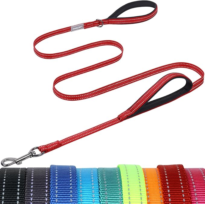 VIVAGLORY Twingrip Dog Leash, Double Handle Dog Leash for Training & Walking with Traffic Handle & 2 Loop, Traffic Control Reflective Heavy Duty for Puppy Pet, 5ft x 1/2in, Red
