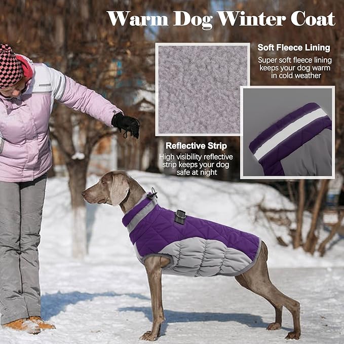 Lelepet Dog Coat Warm Dog Winter Coat Waterproof Dogs Jacket with Harness Built in Reflective Pet Fleece Vest Zip-Up Cold Weather Coats for Large Dogs Turtleneck & Windproof Coats Boxer Purple XL