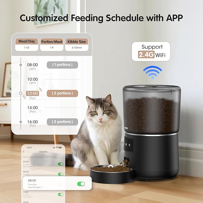 Automatic Cat Feeder, Cat Food Dispenser 4L, 2.4G WiFi Cat Feeder Automatic 1-10 Meals, 1-9 Portions/Meal Timed Cat Feeder, Automatic Pet Feeder for Cats Dog with Stainless Steel Feeding Bowl