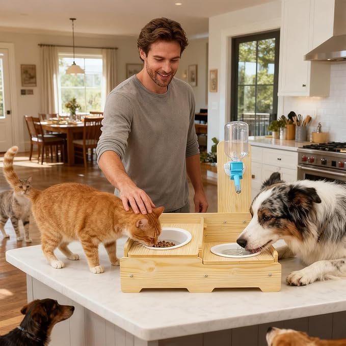 Dog Water Dispenser - Automatic Adjustable Height Wooden Pet Bowl | Indoor and Outdoor Watering Station for Puppies, Kittens, Cats, and Dogs, Perfect for Living Room, Balcony, Garden, Apartment, or Ho