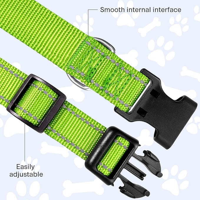 FunTags Reflective Dog Collar, Sturdy Nylon Collars for Large Girl and Boy Dogs, Adjustable Dog Collar with Quick Release Buckle, Green