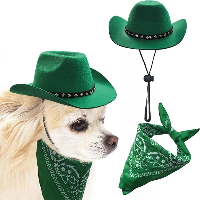 Dog Cowboy Hat and Bandana Scarf Dog Cat Sombrero Puppy Hat Dog Cat Costume Cosplay Cap Puppy Pet Dog Cat Holiday Pet Party Decoration (Green)