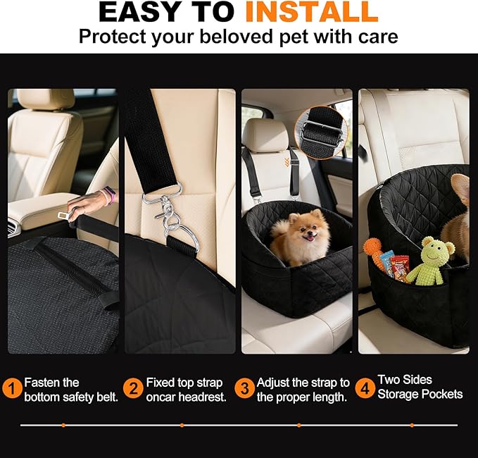 Dog Car Seat for Small Dogs up to 30 lbs, Versatile Travel Bed Booster for Car Front/Back Seats, Fully Detachable & Washable, with 2 Storage Pockets (Black/Gray)