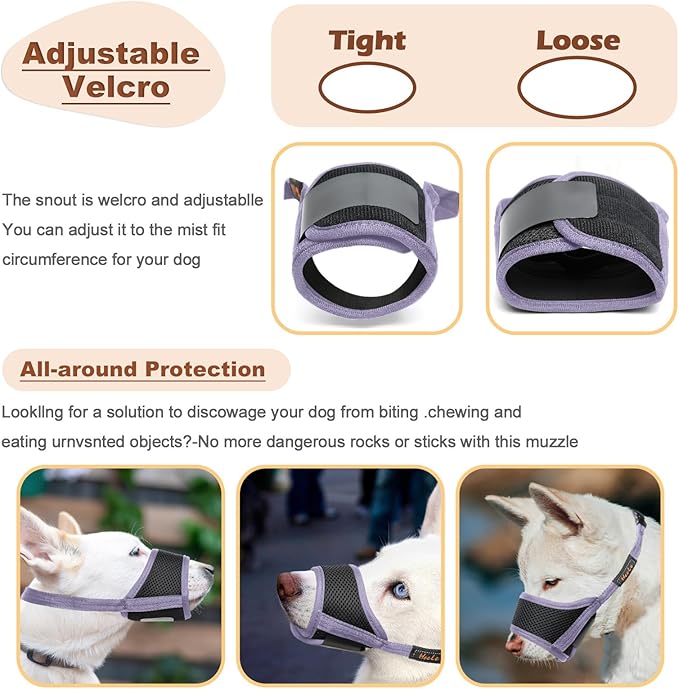 HEELE Dog Muzzle,Soft Nylon Muzzle Anti Biting Barking Chewing,Air Mesh Breathable Drinkable Adjustable Loop Pets Muzzle for Small Medium Large Dogs (Purple,L)