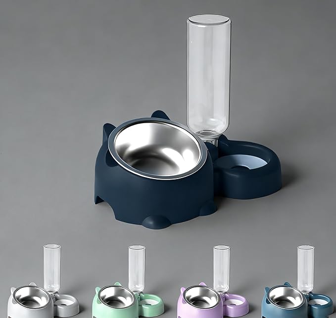 Cat Food and Water Bowl Set, Automatic Dog Dish Bowl with Water Dispenser, Removable Drinking and Eating Bowls, No-Spill Pet Feeder for Puppy, Medium Dogs & Cats (Blue)