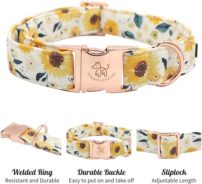 Elegant little tail Dog Collar, Sunflower Pattern Pet Collar Durable Cute Dog Collars Summer Fall Female Pet Gift Adjustable Dog Collar for Medium Dogs