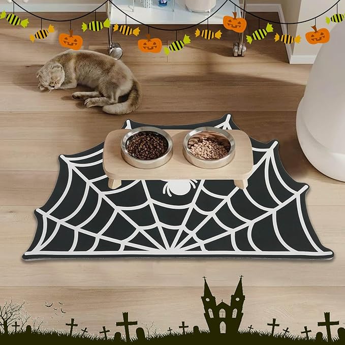 Halloween Pet Mat for Food and Water, Pet Feeding Mat for Dog Cat Bowl Absorbent Anti-Stain Non-Slip Quick Dry Easy Clean Floor Placemat, Pets Accessories Indoor (Spider Web)