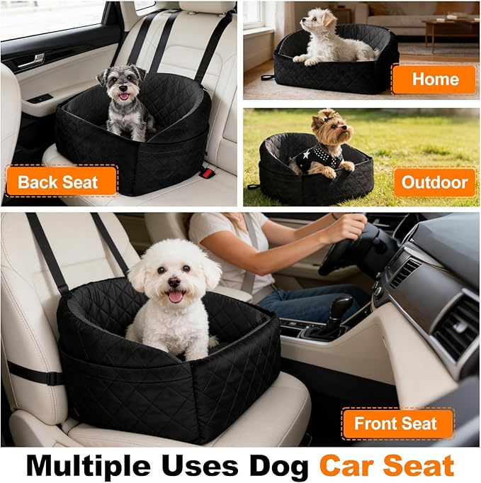 Dog Car Seat for Small Dogs up to 30 lbs, Versatile Travel Bed Booster for Car Front/Back Seats, Fully Detachable & Washable, with 2 Storage Pockets (Black/Gray)