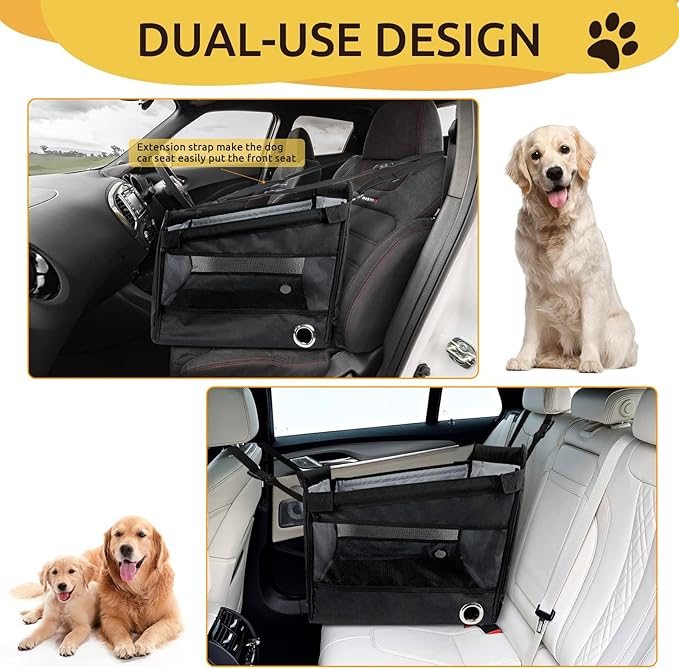 Black Portable Dogs Car Seat for Travel Dogs, Safety Leash, Adjustable Straps, Medium Dog Car Seat, Dog Travel Bed Washable Foldable, with Storage Pockets