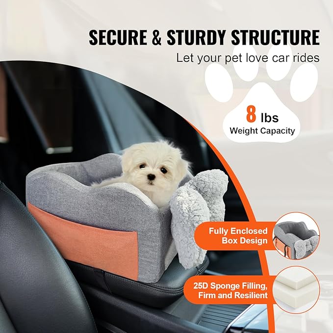 Happybuy Console Dog Car Seat, Center Console Dog Booster Seat for Small Dog, Pet Car Seat for Car Armrest with Clip-On Leash, Adjustable Straps, Supports up to 8lbs, Dark Gray