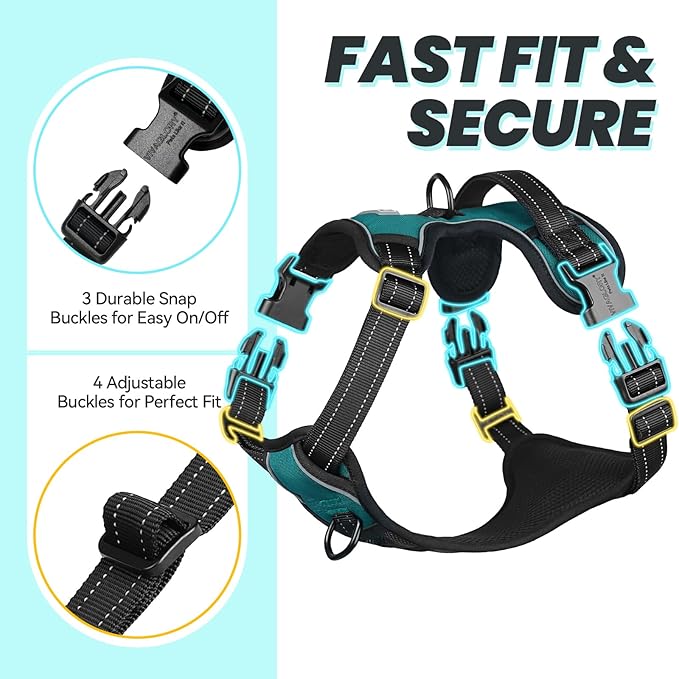 VIVAGLORY Dog Harness Easewalk No Pull Dog Harness with Handle Front Clip & Back Clip for Training Walking Lifting, No Pull Adjustable Easy On Padded Comfortable for Pet, XL, Hunter Teal - Plain