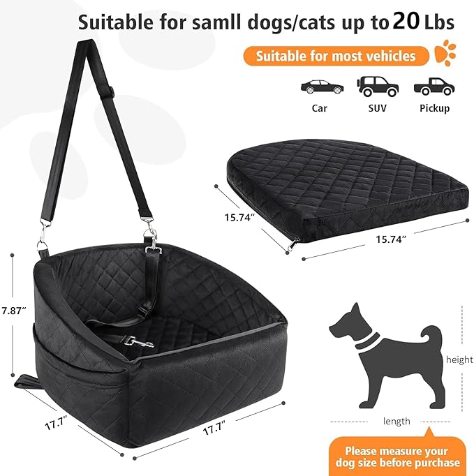Dog Car Seat for Small & Medium Dogs – Washable & Detachable Pet Booster Seat with Safety Belt, Non-Slip Travel Bed for Cars, Fits Pets Under 20lbs, Storage Pockets (Black)