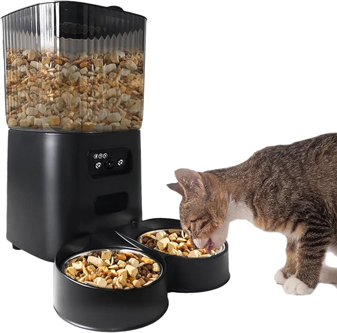 Automatic Cat Feeder, 5L Smart Pet Feeder Cat Dry Food Dispenser, Voice Interactive Dog Feeder with App Remote Video, Timed Feeding for Small Medium Dog Pets Puppy Kitten (Dual