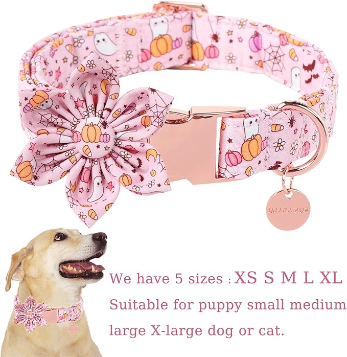 Halloween Dog Collar with Pink Flower, Adjustable Size, Premium Cotton, Sturdy Metal Buckle, Fits Small, Medium, Large Dogs & Cats