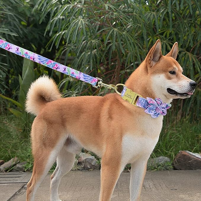 Flower Custom Dog Collar Leash Floral Printed Nylon Pet Dog Collars Lead Personalized Puppy Collars for Small Medium Large Dog 151 Purple Set L