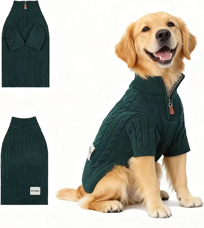 Small/Medium Dog Sweater, Warm Dog Winter Coat w/Sleeves, Comfortable High Neck Premium Dog Clothes for Golden Retriever-Best for Holidays, Daily Walks XXL Green