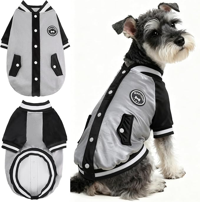 BEAUTYZOO Dog Sweaters for Small Medium Large Dogs, Dog Hoodie Warm Fleece Dogs Winter Clothes Cute Stylish Boy & Girl Dog Sweatshirts, Grey Sport Coats Baseball Uniform Jackets for Puppy, SM