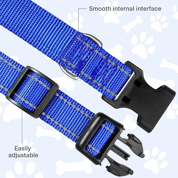 FunTags Reflective Dog Collar, Sturdy Nylon Collars for Puppy and Extra Small Girl and Boy Dogs, Adjustable Dog Collar with Quick Release Buckle,Royal Blue,3/8" Width