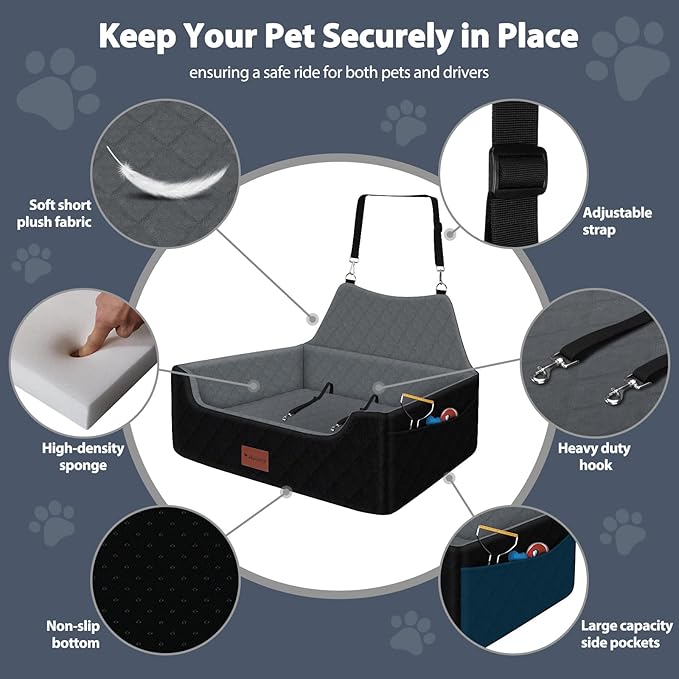 Dog Car Seat for Medium Large Dogs Under 55lbs, Detachable and Washable Dog Booster Seats with Thick Cushion, Pet Travel Bed for Car with Storage Pockets and 2 Safety Belts