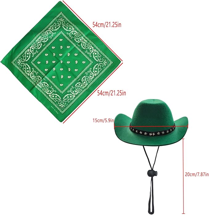 Dog Cowboy Hat and Bandana Scarf Dog Cat Sombrero Puppy Hat Dog Cat Costume Cosplay Cap Puppy Pet Dog Cat Holiday Pet Party Decoration (Green)