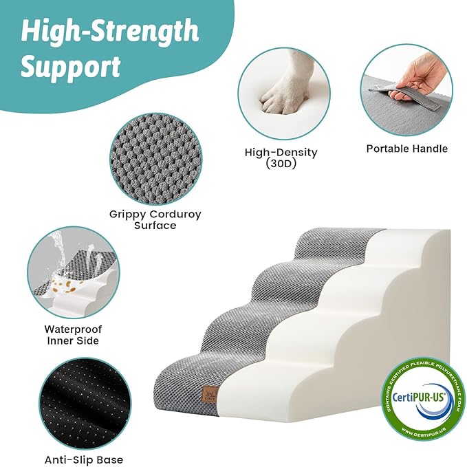 Dog Stairs for Small Dogs 15.7" H, 4-Step Sturdy Foam Dog Steps for Couch or Sofa, Curved Pet Stairs for Puppy and Older Cat, Doggie Ladder with Washable Cover, 15.7x28.3x15.7 inch, Gray