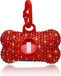 SAVORI Dog Poop Bag Holder Bling Crystal Dog Waste Bags Dispenser for Pet Dog Doggy with Carabiner Clip Includes 1 Roll 15 Bags (Red)