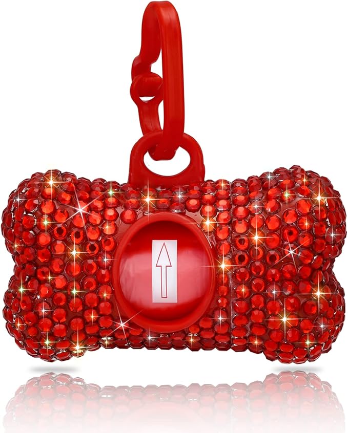 SAVORI Dog Poop Bag Holder Bling Crystal Dog Waste Bags Dispenser for Pet Dog Doggy with Carabiner Clip Includes 1 Roll 15 Bags (Red)