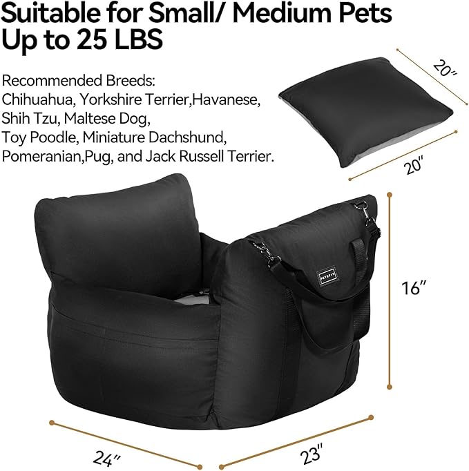 Small Dog Booster Seat - Waterproof Dog Booster Seat for Car with Storage Pockets, Clip-On Safety Leash and Thickened Memory Foam Filling, Puppy Car Seat Do Up to 25lbs, Black