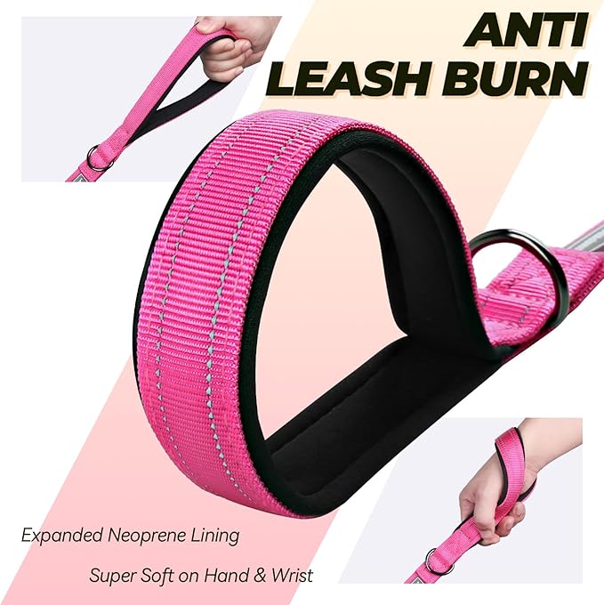 VIVAGLORY Twingrip Dog Leash, Double Handle Dog Leash for Training & Walking with Traffic Handle & 2 Loop, Traffic Control Reflective Heavy Duty for Puppy Pet, 4ft x 1in, Pink