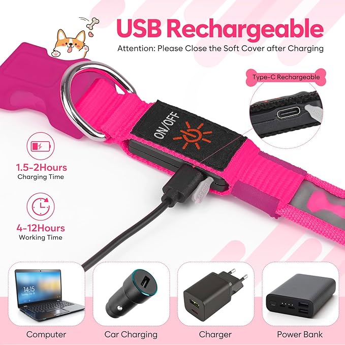 LED Dog Collar with Battery Display, Adjustable Light Up Dog Collars Rechargeable, Glowing in The Dark Reflective Light Collar Super Bright Safety Dog Light for Medium Large Small Pets (Pink, M)