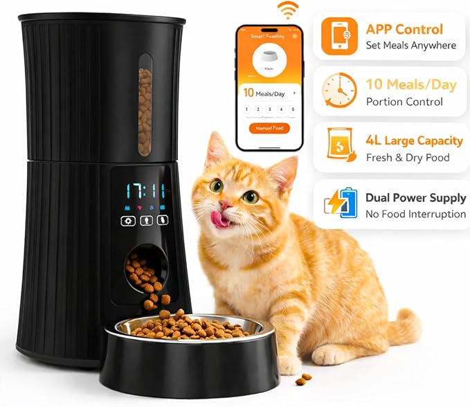 Simple Deluxe Automatic Cat Feeder, Wi-Fi - 4L Dry Food Dispenser for Cat and Dog with APP Control | 10 Meals | 10s Voice Recorder | Programmable 50 Portions | Dual Power Supply | Desiccant Bag, Black