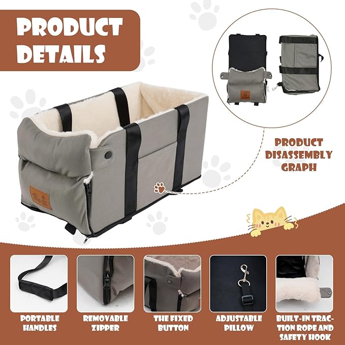 Dog Car Seat for Small Dogs Cats, Pet Travel Car Seat, Middle Console Dog Booster Box, Detachable Washable Center Console Pet Siting Armrest Booster for Puppy Cats Pets Up to 13.5lbs