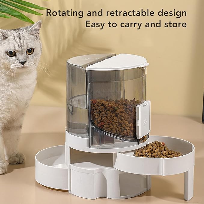 Automatic Cat Dog Feeder, Automatic Cat Feeder and Water Dispenser, Double Layer Dry Wet Separate Rotating Storage Pet Water Dispenser for Small Medium Pets (Gray)