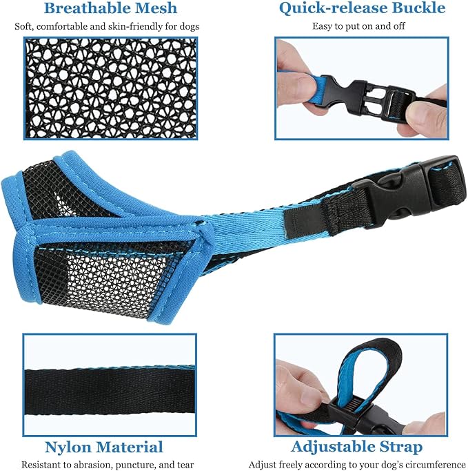 LUCKYPAW Dog Muzzle, Mesh Muzzle for Small Medium Dogs, Soft Mouth Cover to Prevent Biting Chewing, Drinkable Breathable Adjustable Puppy Mouth Guard(S, Blue)
