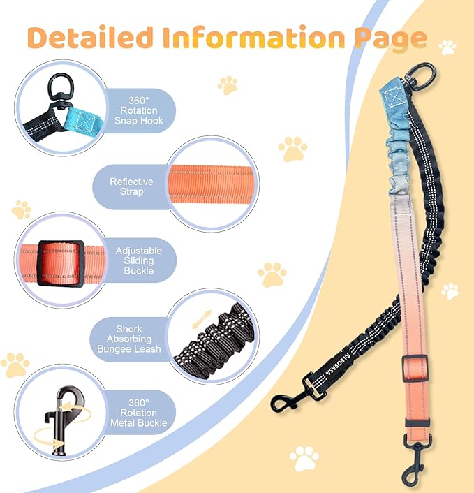 Double Dog Leash for Two Dogs - Gradient Color No Tangle Swivel Dog Coupler with Heavy Duty Clip, Size Adjustable Bungee Leash Attachment for Small, Medium, Large 2 Dogs, Style 2