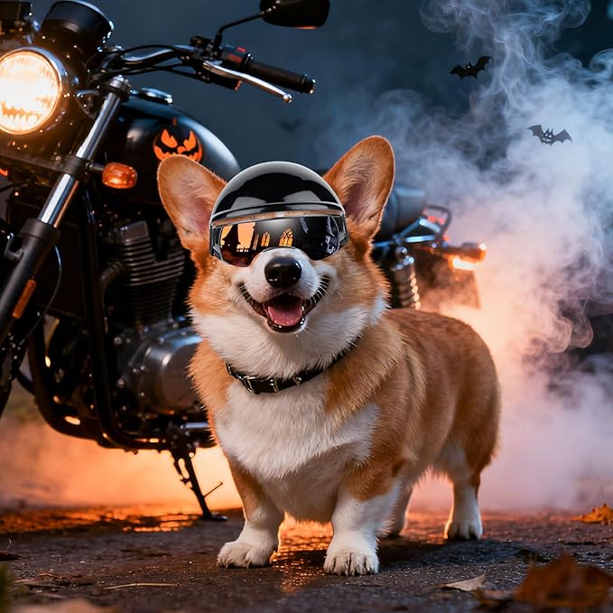 PETLESO Dog Goggles for Small Dogs with Helmet, 2PCS Doggy Sunglasses and Pet Motorcycle Helmet Set for Small to Medium Pet Outdoor Riding Walking, Silver Goggles Black Helmet