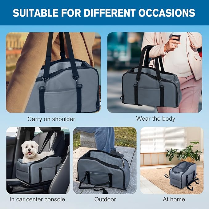 Center Console Dog Car Seat, Portable Dog Car Booster Seats for Small Dogs Up to 9lbs, Foldable Pet Puppy Ca Seats with Zippered Mesh Top, Safety Leash, Adjustable Belts, Storage Pockets