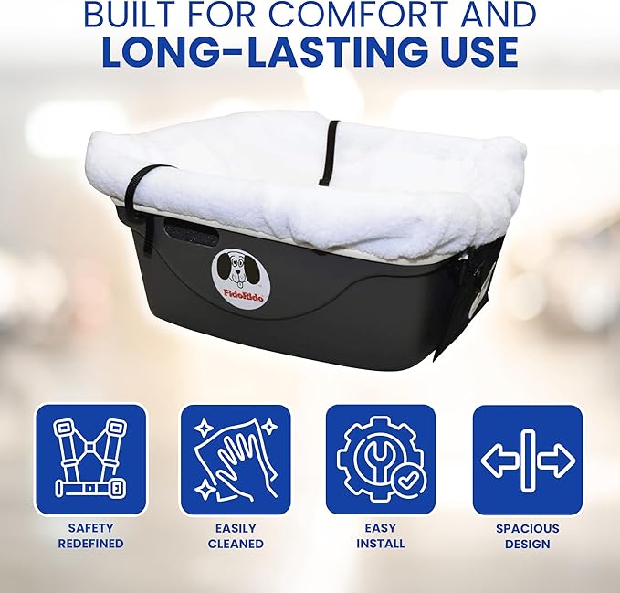 FidoRido Dog Car Seat - Pet Booster Seat for Small to Large Dogs with Comfortable Cushions, Sherpa Cover, and Safety Straps, Easy to Install, Ideal for Travel, White Sherpa - Medium Harness