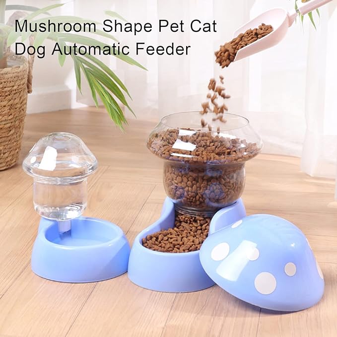 Pets Auto Feeder, Automatic Cat & Dog Gravity Food & Water Dispenser, Mushroom Shape Pet Food & Water Bowl for Small to Medium Pets, Puppy & Kitten - Blue
