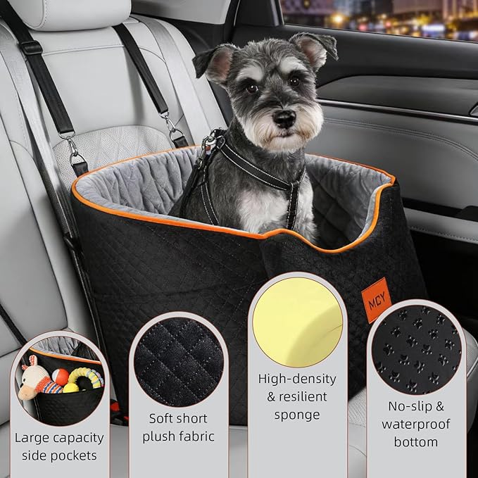MCY Dog Car Seat for Small Dogs, Elevated Pet Car Seat, Travel Safety Pet Seat for Dogs up to 35 lbs, Memory Foam Booster Dog Seat with Washable Removable Cover, Storage Pockets, Black (Black-Gray)