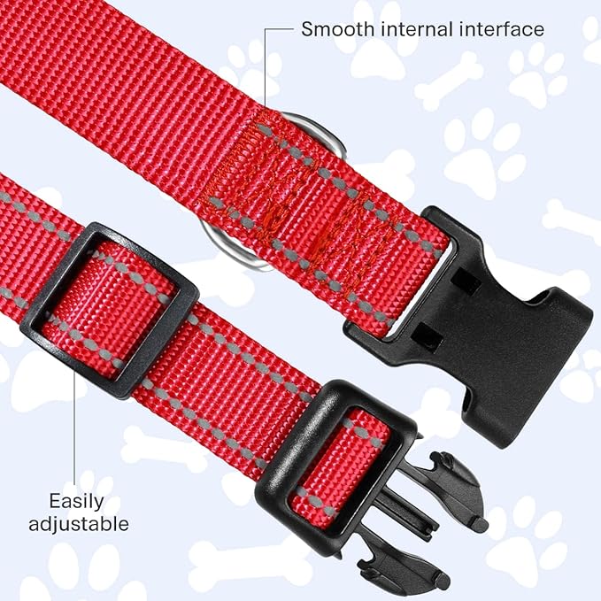 FunTags Reflective Dog Collar, Sturdy Nylon Collars for Large Girl and Boy Dogs, Adjustable Dog Collar with Quick Release Buckle, Red